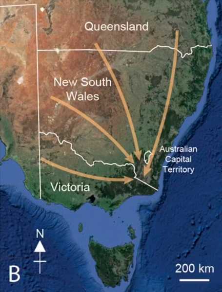 Map of southeast Australia showing arrows from western Victoria, northwest NSW, and southern Queensland leading to the mountains in the southeast